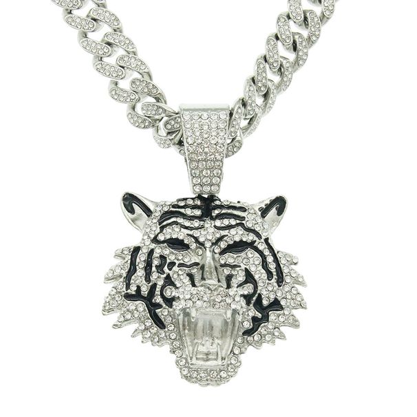 Cool 3D Full Diamond Oil Tiger Head Pendant Cuban Chain Trendy Nightclub Personalized Men's Necklace_ipsvogv.com