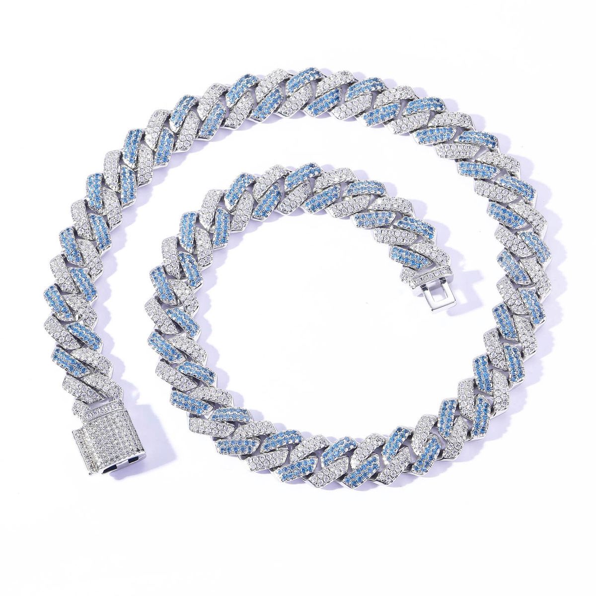 Necklace 14mm Bar Diamond Dense Cuban Chain Blue And White Zircon Men's Cuban Chain Hip Hop Necklace_ipsvogv.com