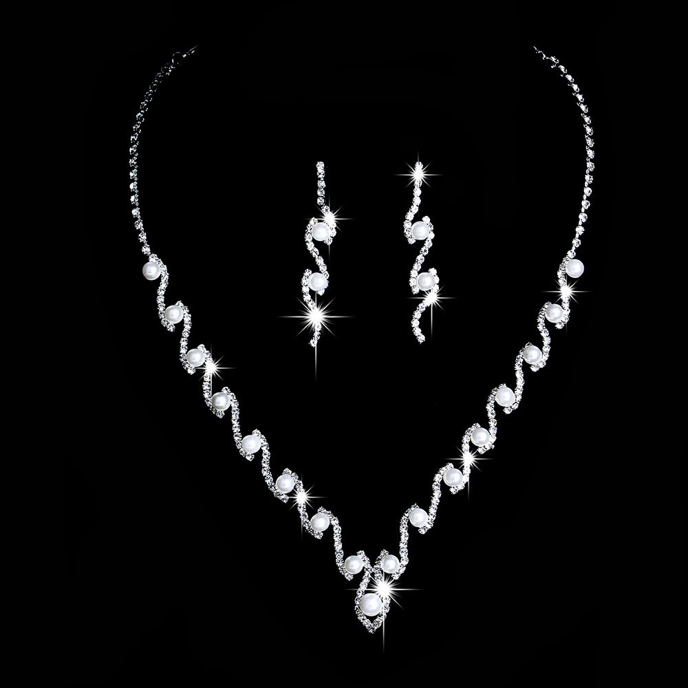 Women’s Jewelry Set Fashion Popular Wedding Photography Ladies Pearl Diamond/rhinestone Silver Necklace Earrings Bracelet Ladies Set_ipsvogv.com