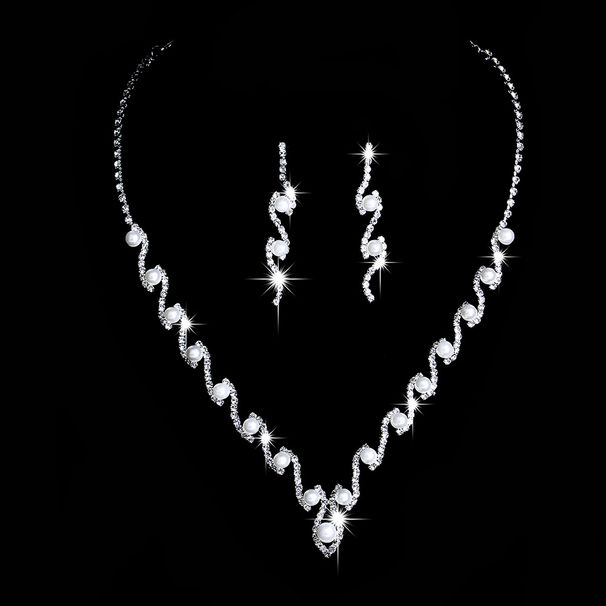 Women’s Jewelry Set Fashion Popular Wedding Photography Ladies Pearl Diamond/rhinestone Silver Necklace Earrings Bracelet Ladies Set_ipsvogv.com