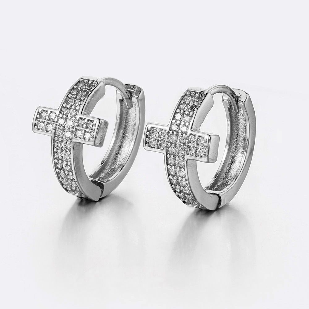 Unisex hip hop full diamond big ear buckle men's geometric round zircon earrings cross rivet trend earrings_ipsvogv.com