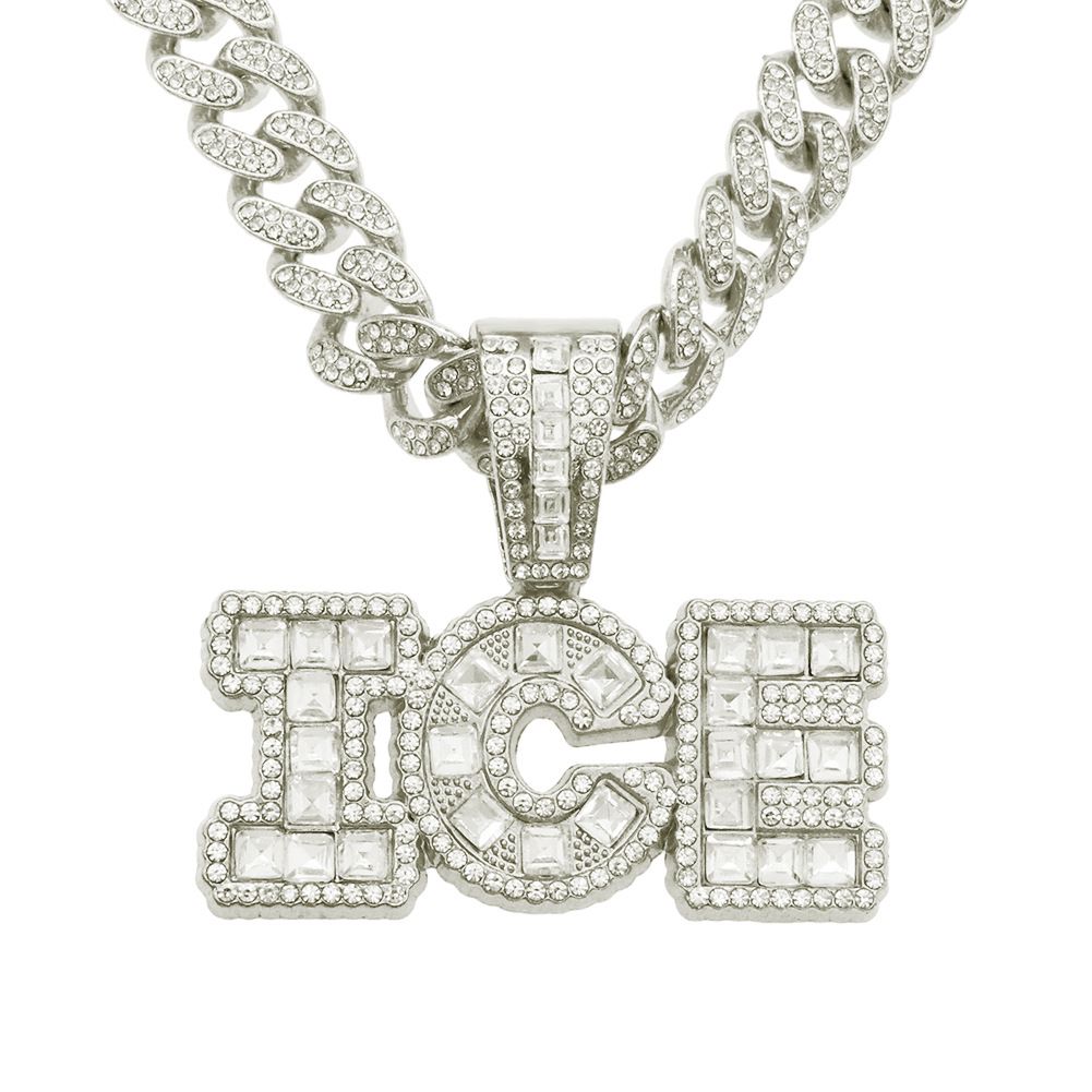 Hip hop splicing square cool letter Cuban necklace pendant trendy alloy full diamond collarbone chain_ipsvogv.com