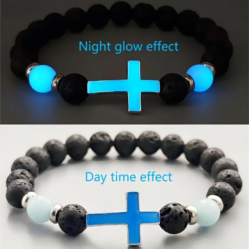 New Luminous Cross Natural Volcanic Stone Fashion Men's Bracelet_ipsvogv.com