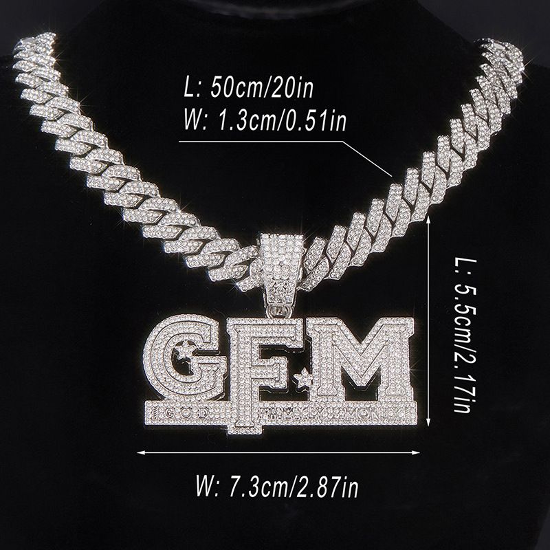 New GFM Letter Hip Hop Pendant High Quality Design Alloy Full Diamond Cuban Chain Necklace_ipsvogv.com