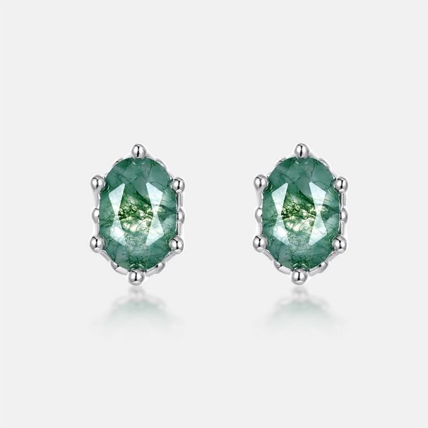 Egg Shaped Natural Water Grass Agate Earrings S925 Silver Six Claw Inlaid Green Moss Stone Earrings Simple And Fashionable_ipsvogv.com