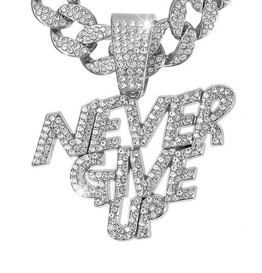 Men’s Jewelry Set Fashion Hip Hop Alloy Letter NEVE RGIVE UP Pendant Hip Hop Men's Full Diamond Personality Cuban Chain_ipsvogv.com