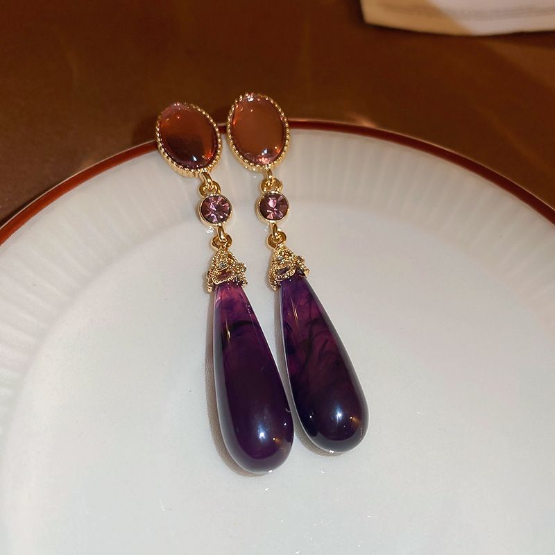 Designer Dia Inlaid Resin Water Drop Artistic Retro Light Long Earrings, Antique Style Earrings_ipsvogv.com