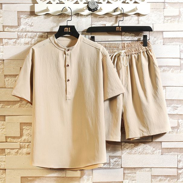 Men's Clothing two-piece suit stand-up collar retro short-sleeved suit casual solid color cotton and linen two-piece suit_ipsvogv.com