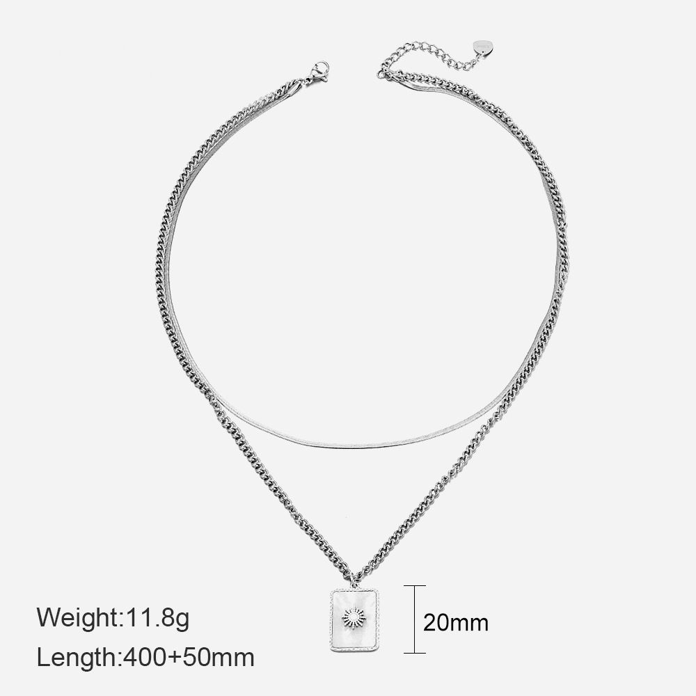 Double Layer Geometric Square Shell Necklace - Stainless Steel Fashion Jewelry For Women_ipsvogv.com