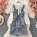 Women's temperament bow tie shirt two-piece suit tweed plaid suspender dress_ipsvogv.com