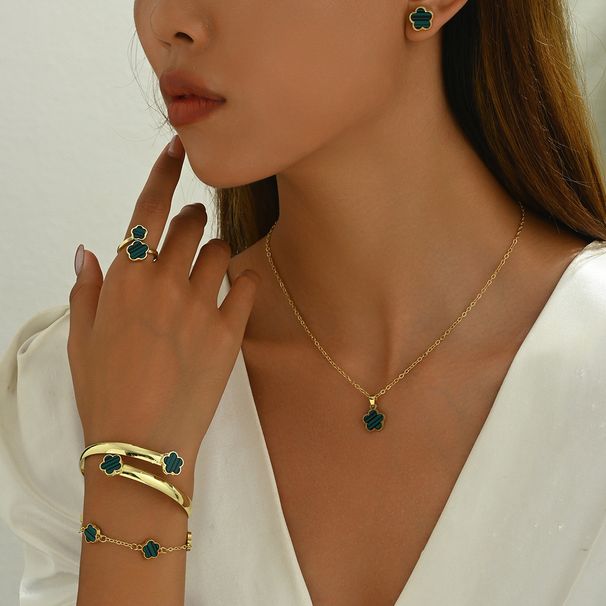 Ladies' Earrings, Necklace Set, Niche Leaf Clover Petal Design, Drip Oil Hand Jewelry Ring, Five Piece Set_ipsvogv.com