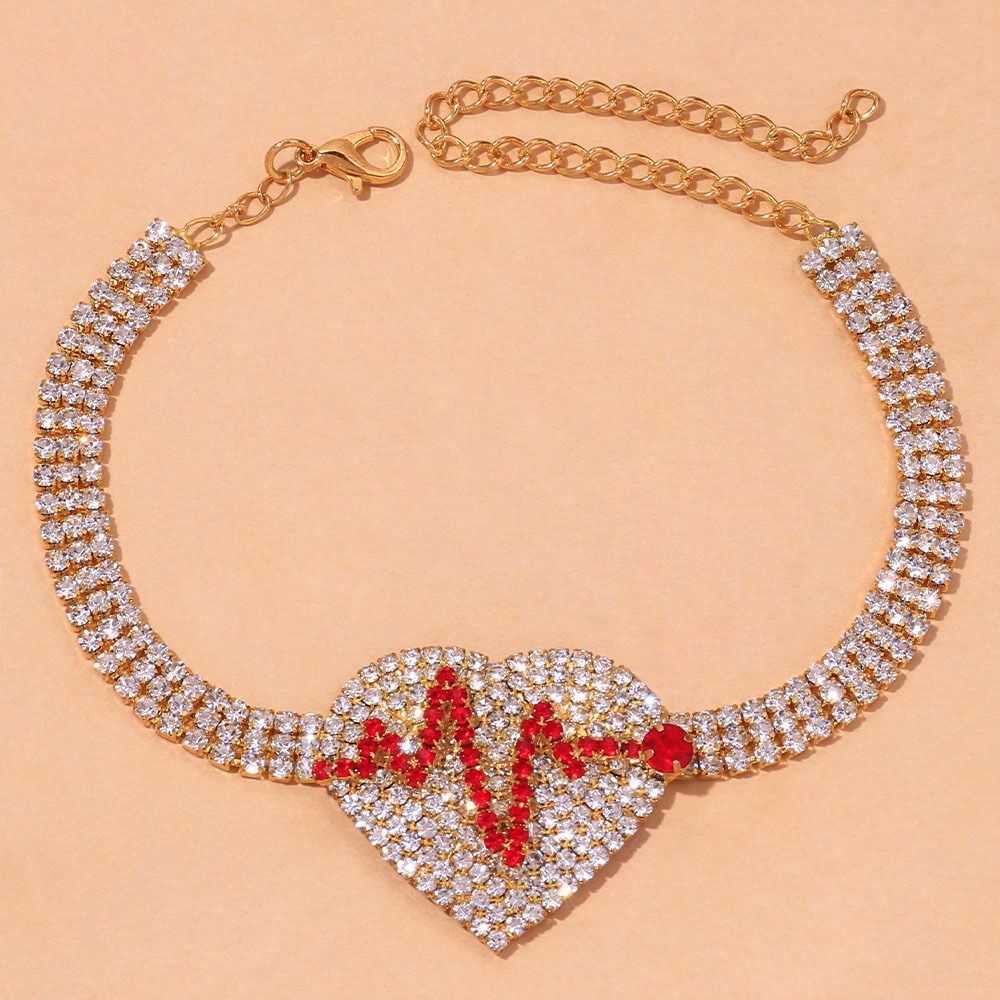jewelry creative novel electrocardiogram Anklet Beach full diamond multi-row heart-shaped Anklet_ipsvogv.com