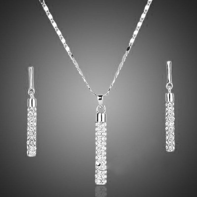 Fashion And Creative Diamond Inlaid Cylindrical Rod Earrings Necklace Set Accessories_ipsvogv.com