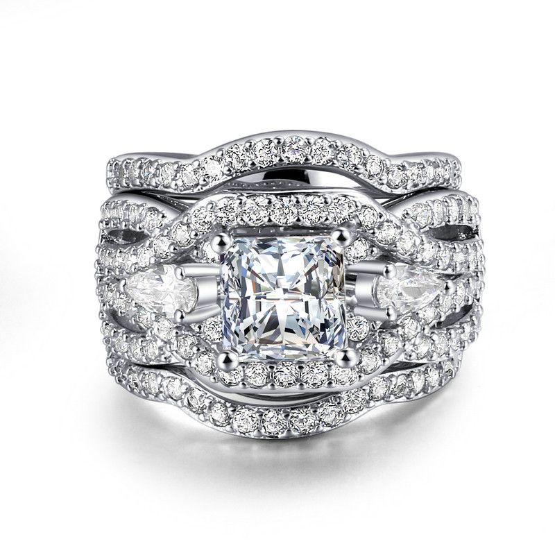 Fashion platinum plated three layer ring set Zircon micro inlaid ring female_ipsvogv.com
