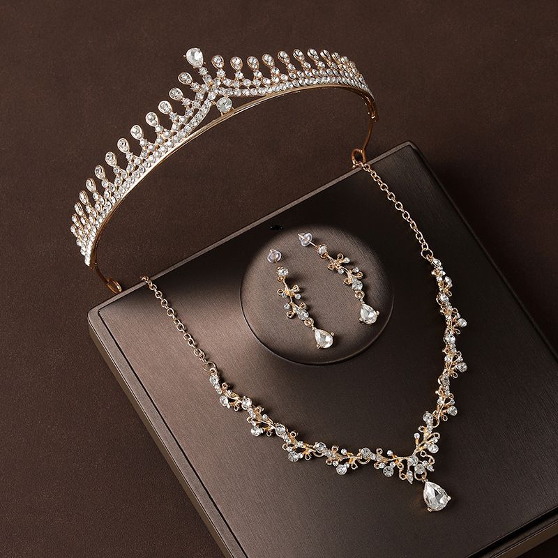 Crown headdress three piece set simple champagne princess birthday headband necklace earrings bride wedding dress evening dress jewelry_ipsvogv.com