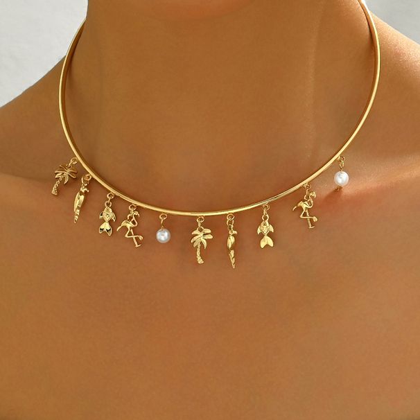 Geometric style women's necklace simple flamingo coconut tree inlaid with pearls niche dign collar versatile_ipsvogv.com