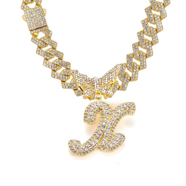 Butterfly Buckle Full Diamond Hip-Hop 26 English Letters Alloy Rhinestone Pendant Necklace_ipsvogv.com