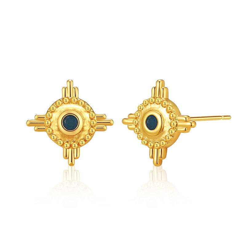 Turquoise earrings brass plated with K real gold color preserving retro circle metal texture ear buckles high end feel_ipsvogv.com