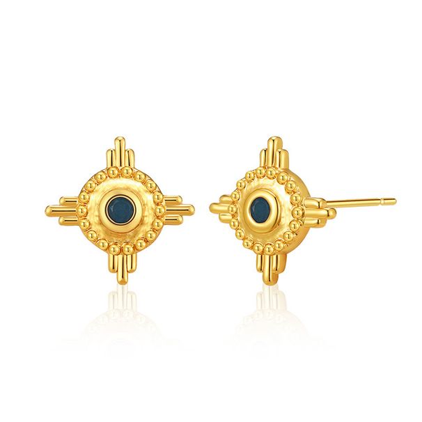 Turquoise earrings brass plated with K real gold color preserving retro circle metal texture ear buckles high end feel_ipsvogv.com