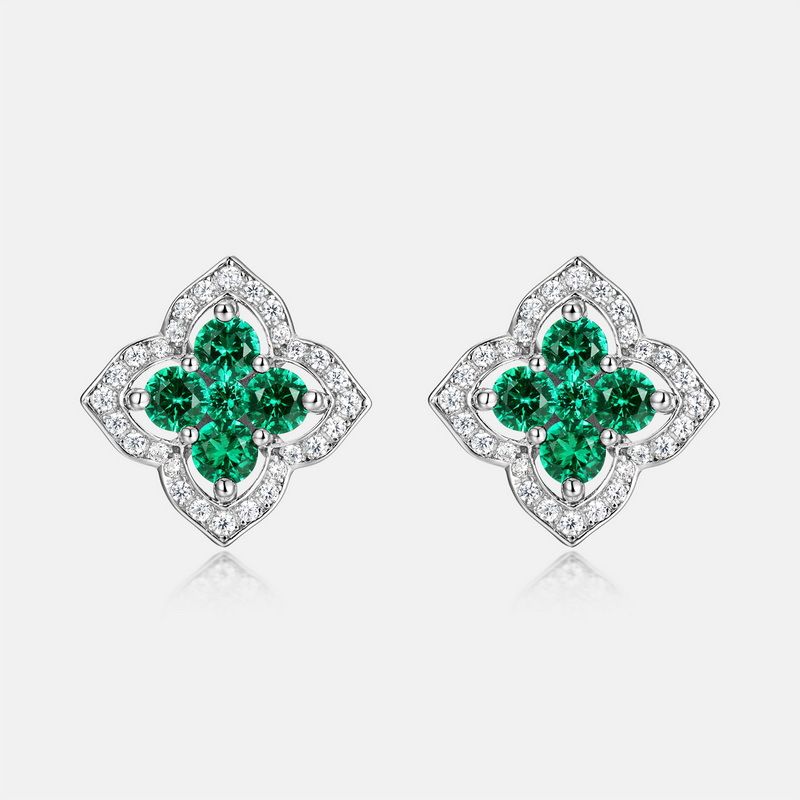 Four leaf clover cultivated emerald earrings female S925 silver cultivated colored gemstone earrings light luxury retro_ipsvogv.com