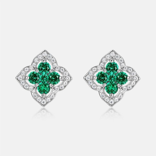 Four leaf clover cultivated emerald earrings female S925 silver cultivated colored gemstone earrings light luxury retro_ipsvogv.com