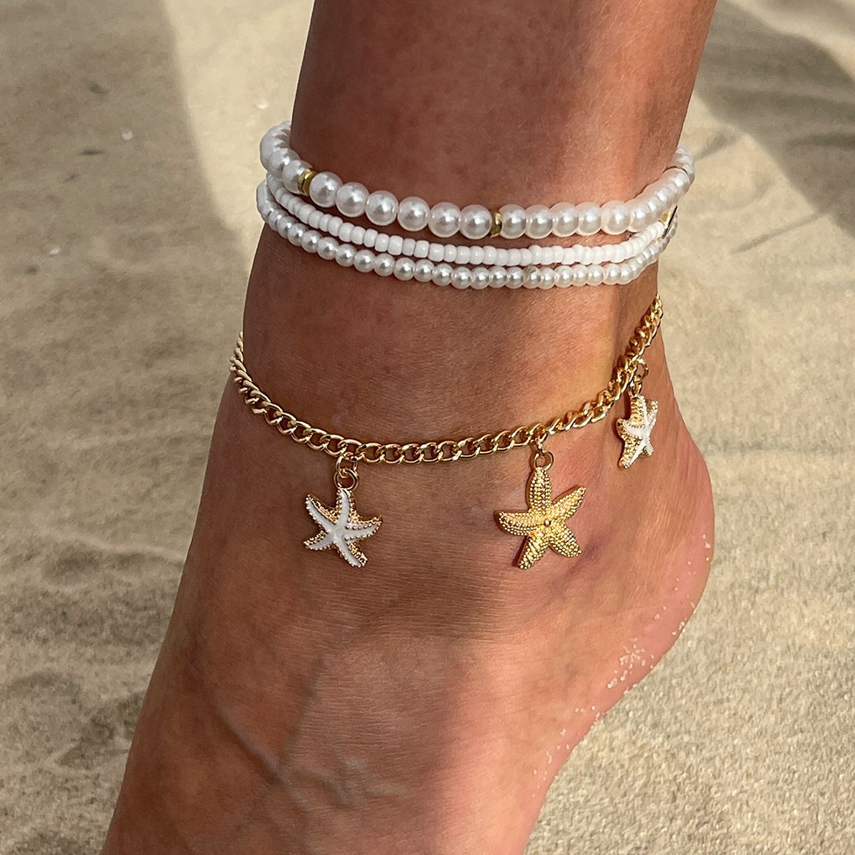 Ocean Vacation Style Starfish Pendant Anklet Set Temperament Pearl Rice Bead Foot Decoration For Women_ipsvogv.com