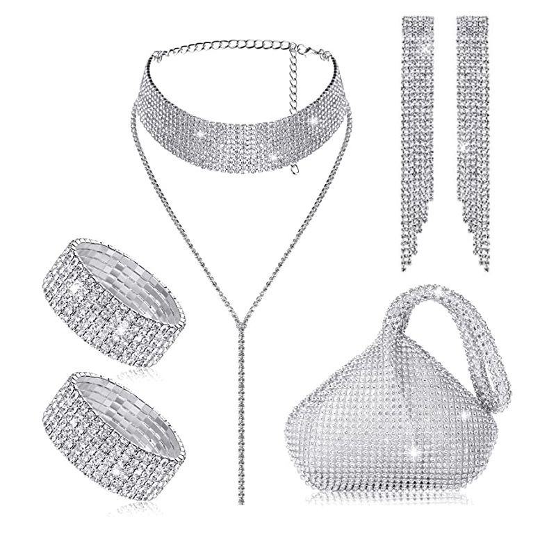 Bridal jewelry set diamond claw chain tassel earrings left and right hand chain necklace clutch bag_ipsvogv.com