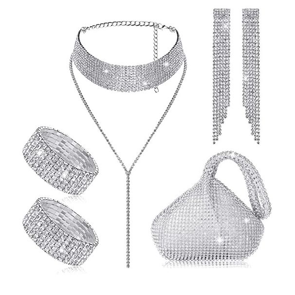 Bridal jewelry set diamond claw chain tassel earrings left and right hand chain necklace clutch bag_ipsvogv.com