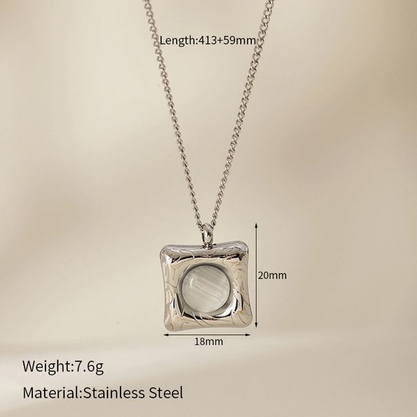 Square Cat's Eye Stone Pendant Necklace - Gold Plated Stainless Steel Clavicle Chain_ipsvogv.com