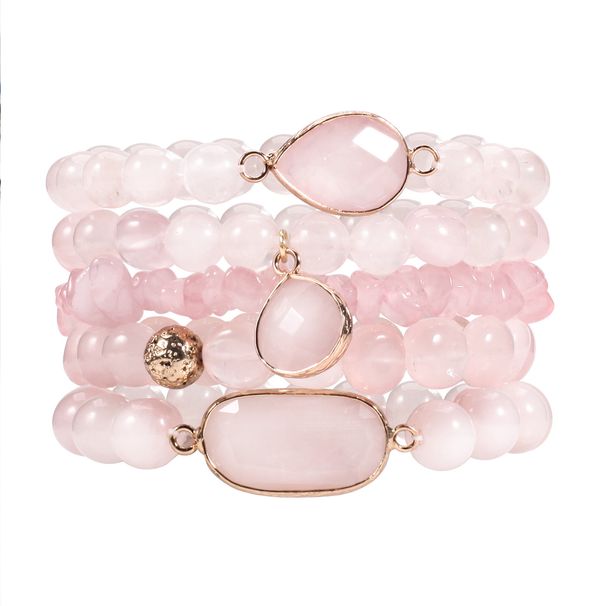 Round Beads Natural Stone Bracelets Pink And White Set Elastic Beads Adjustable_ipsvogv.com