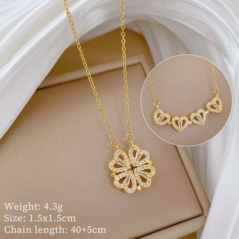 Women's 【 】 New Necklace, Two Piece To Heart Opening Four Leaf Flower Full Diamond Versatile Clavicle Chain, Titanium 【 】 Necklace, Chain,_ipsvogv.com