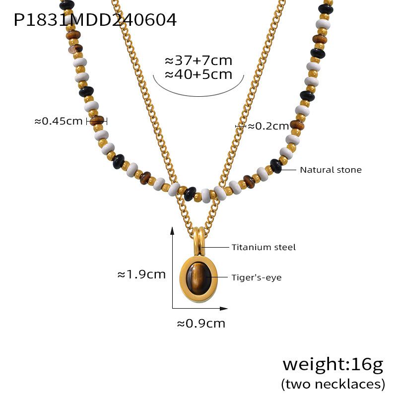 Natural Bead Tiger Eye Stone Oval Pendant Necklace For Female Niche, Light Luxury, Double-layer Stacked Titanium Steel_ipsvogv.com