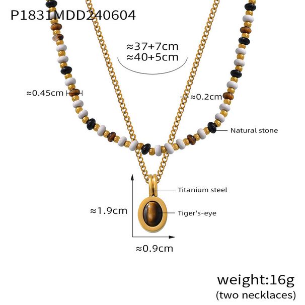 Natural Bead Tiger Eye Stone Oval Pendant Necklace For Female Niche, Light Luxury, Double-layer Stacked Titanium Steel_ipsvogv.com