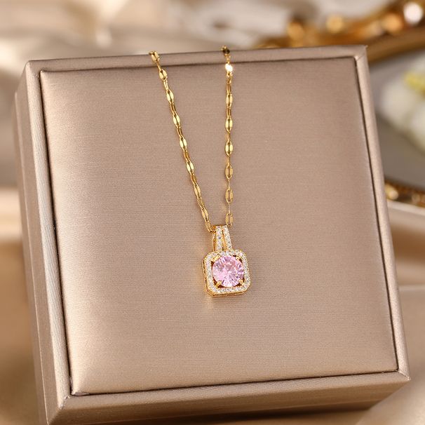Korean Fashion Titanium Steel Necklace, Women's Gold Square Diamond Inlaid Pendant, Light Luxury, Niche Feeling,_ipsvogv.com