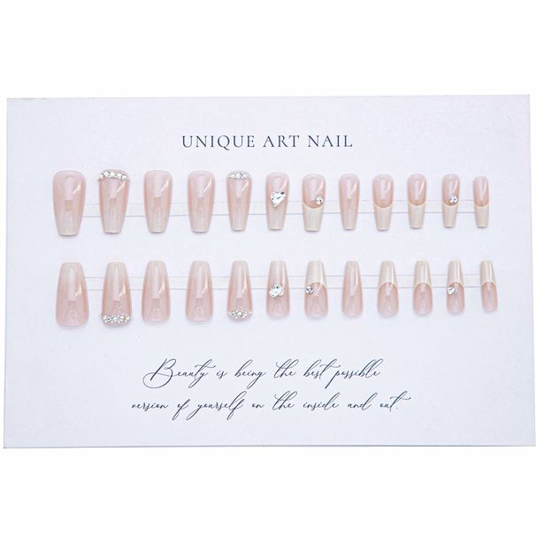Milk White Gradient Nude Wearing Nail Crooked Heart Diamond Temperament French Style Nail Patch Finished Product_ipsvogv.com