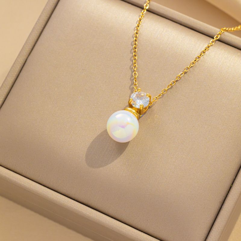 Fading Pearl Zircon Pendant Necklace Women's Autumn and Winter Niche High-end Titanium Steel Clavicle Chain suit Simple Accessories_ipsvogv.com