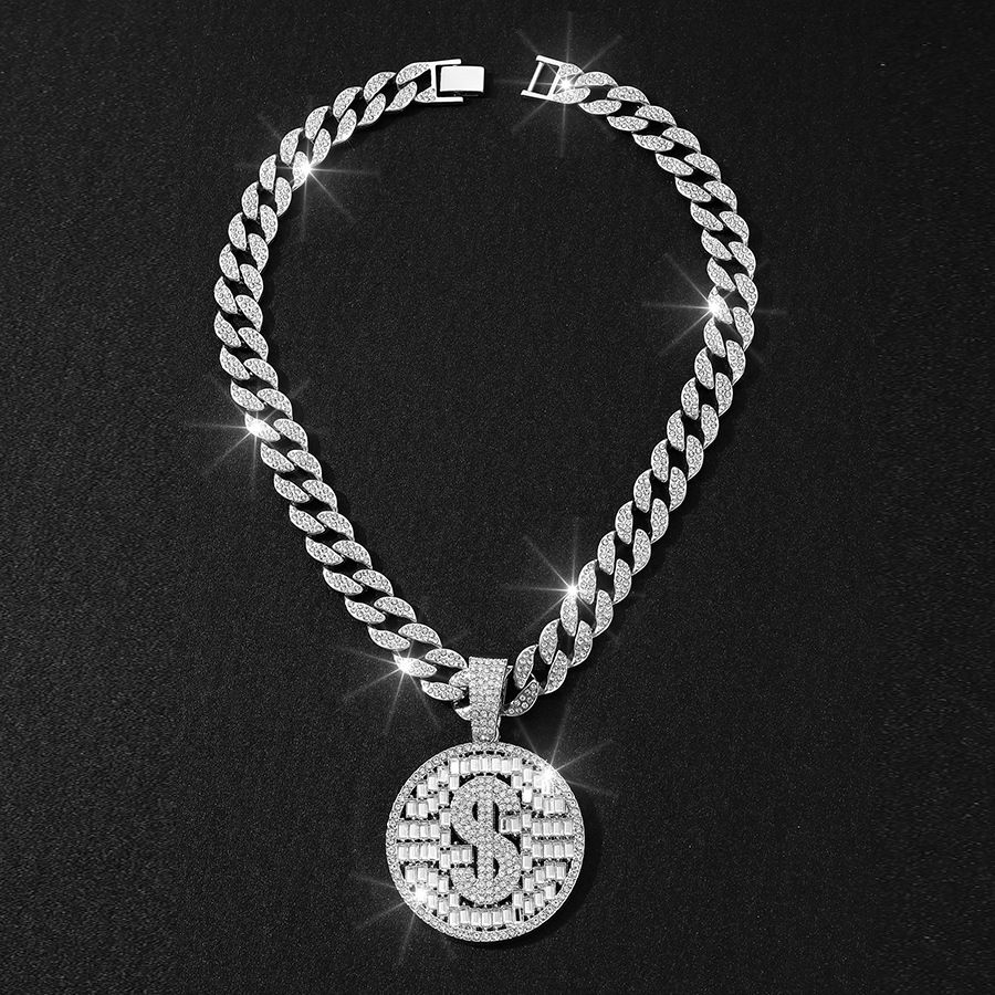 Hip Hop Letter Necklace For Men, Street Cuban Chain Decoration, Alloy Round Personalized Dollar Pendant_ipsvogv.com
