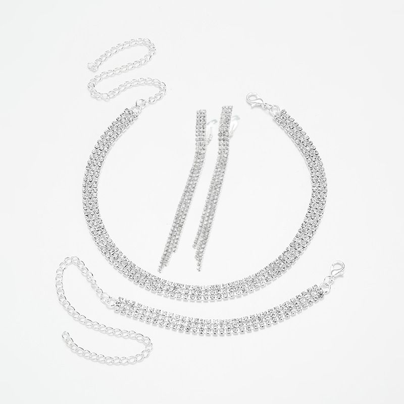 Full Rhinestone Three Row Dense Necklace Earrings Bracelet Set Female Bride Wedding Wedding Dress Accessories_ipsvogv.com