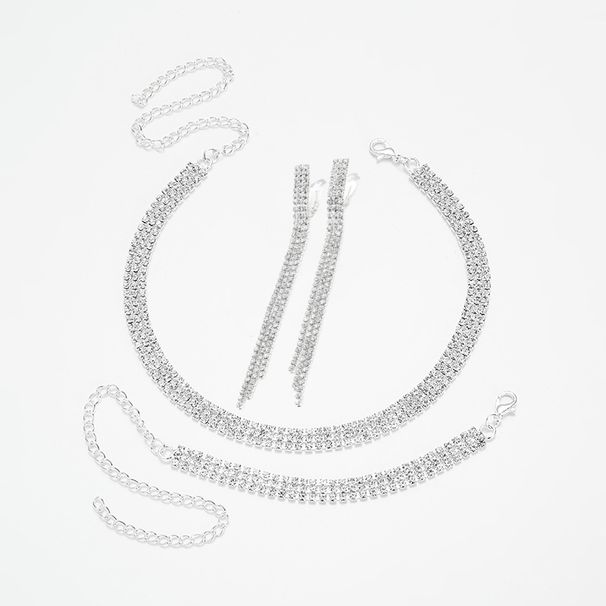 Full Rhinestone Three Row Dense Necklace Earrings Bracelet Set Female Bride Wedding Wedding Dress Accessories_ipsvogv.com
