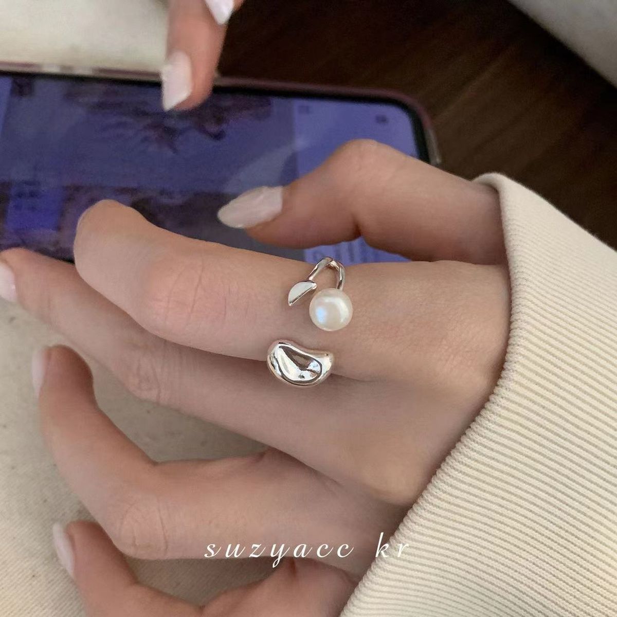 Lucky Bean Pearl Women's Geometric Irregular High End Silver Open Versatile Finger Ring Trendy_ipsvogv.com