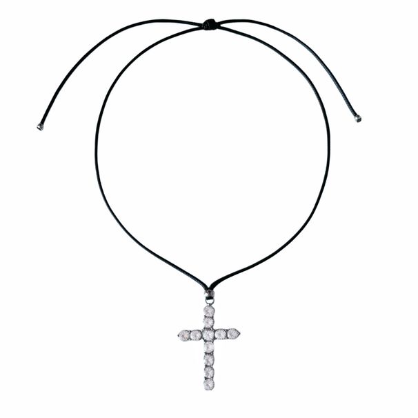 Spot INS Titanium Steel Cross Inlaid Zircon Gold And Silver Leather Rope Necklace_ipsvogv.com
