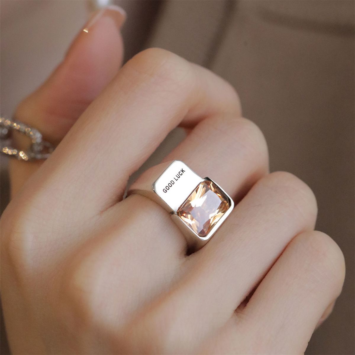 personality Pure Zircon Silver Letter Ins Hip-hop Fashion Goodluck Open Best Friend Ring_ipsvogv.com
