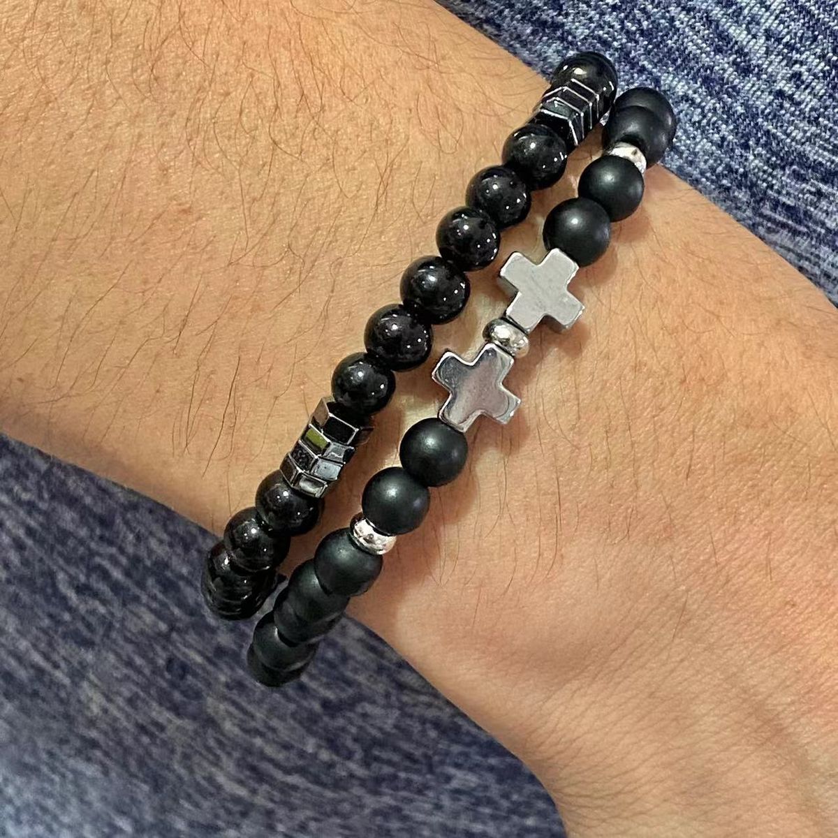 Hot Selling Stone Bracelet Black Gallstone Cross UFO Retro Bracelet Map Stone Elastic Bracelet Combination Men_ipsvogv.com