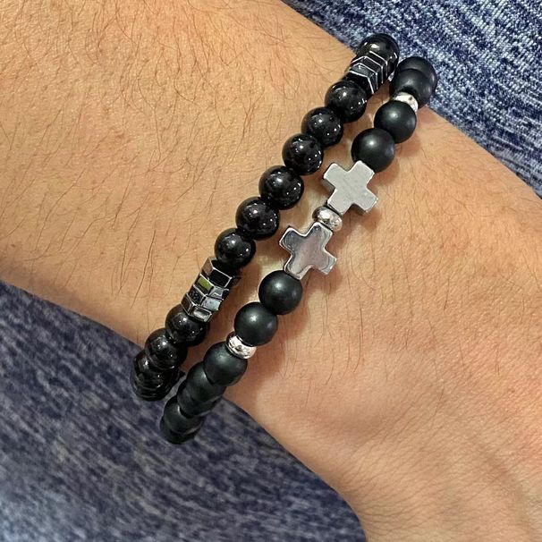 Hot Selling Stone Bracelet Black Gallstone Cross UFO Retro Bracelet Map Stone Elastic Bracelet Combination Men_ipsvogv.com