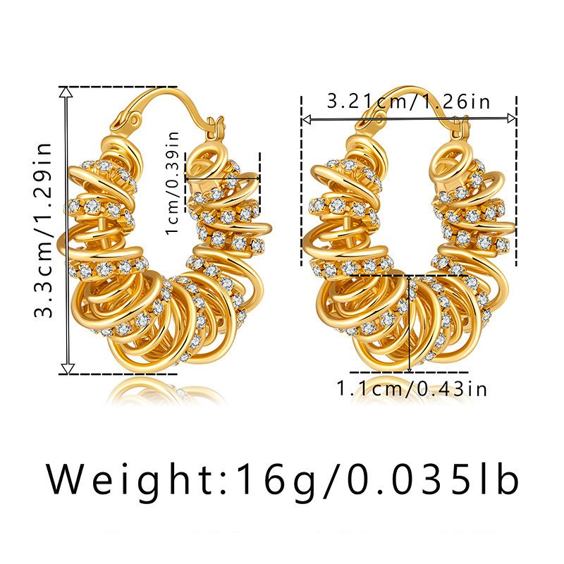 Genuine gold electroplated spring winding design Personalized ear buckle Braiding craft Inlaid zircon Exquisite trendy earrings_ipsvogv.com