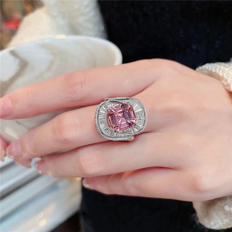 Caibao Full Diamond Pink Zircon Ring Female Ins Luxury And Luxury, Niche Temperament Finger Ring, Internet Celebrity_ipsvogv.com