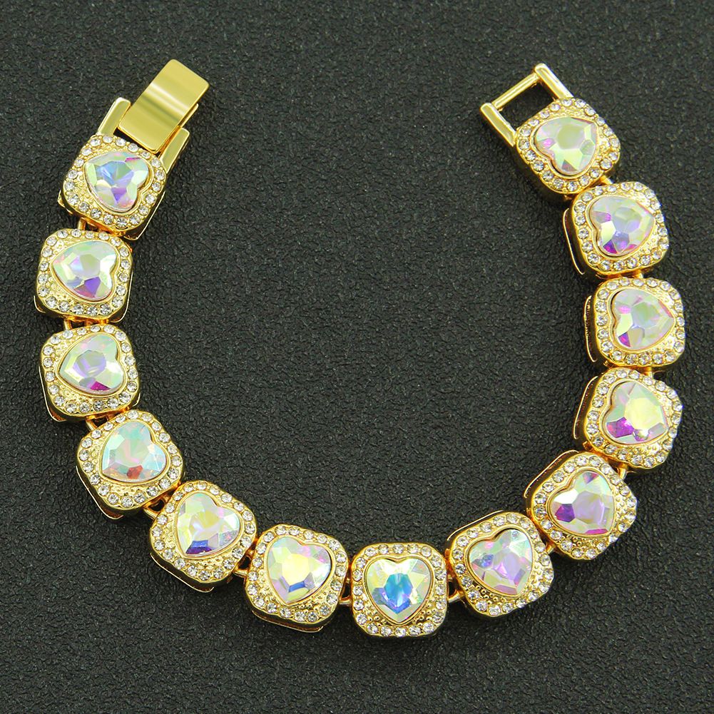 Men exaggerate full diamond peach heart, love red diamond, Cuban chain accessory, nightclub personality trend necklace_ipsvogv.com