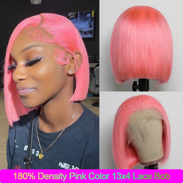 hot selling Pink Color Blunt Cut Short Straight Glueless Bob 180% Density 13×4 Lace Frontal Wig Brazilian Remy Put On Go Human Hair_ipsvogv.com