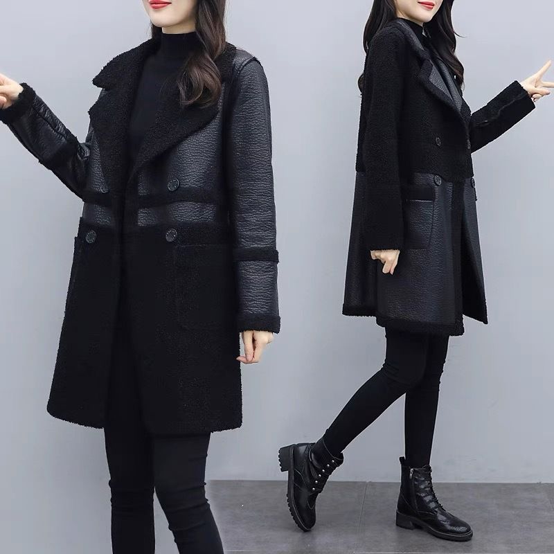Women's fashion fur one with velvet thick suit collar wear loose plus fat plus leather coat on both sides_ipsvogv.com