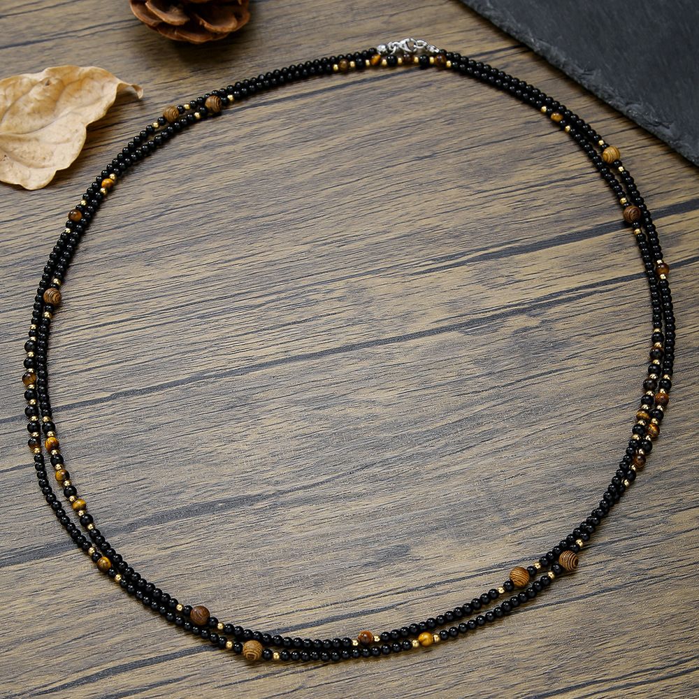 Fever Same Style Small Gold Bead Necklace For Men Exaggerated Ultra Thin Stacked Black Agate Tiger Eye Stone Beaded Long Necklace_ipsvogv.com